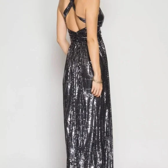She + Sky Night Silver Sequin Low Cut V-neck Maxi Dress  Homecoming NYE Cruise S - Picture 6 of 13